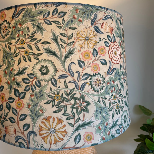 Large tapered lampshade with William Morris Orkney Wilhemina Linen fabric, close up, shades at grays nz