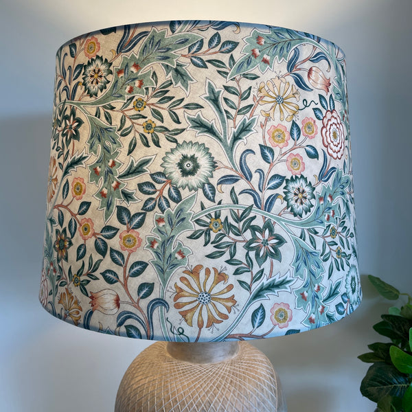Large tapered lampshade with William Morris Orkney Wilhemina Linen fabric, lit, shades at grays nz
