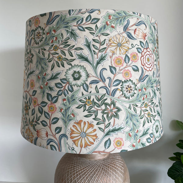 Large tapered lampshade with William Morris Orkney Wilhemina Linen fabric, unlit, shades at grays nz