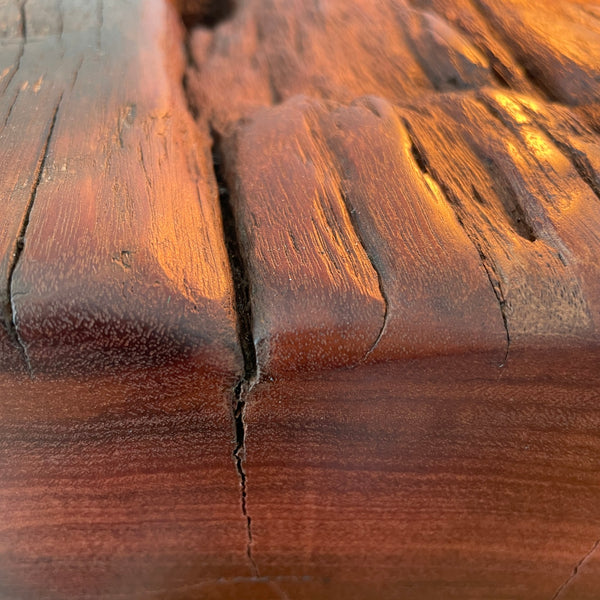 Large wood table lamp crafted by shades at grays from wharf timber close up of smooth side and top grain.