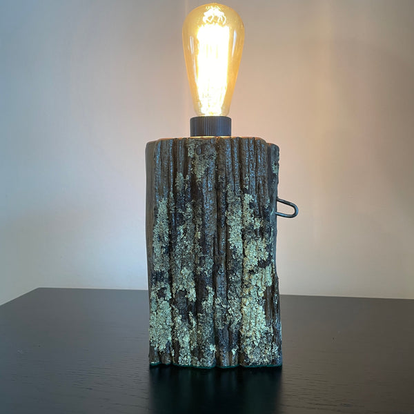 Lichen covered wood table lamp, with original staple and replica edison bulb, lit, front view by shades at grays.