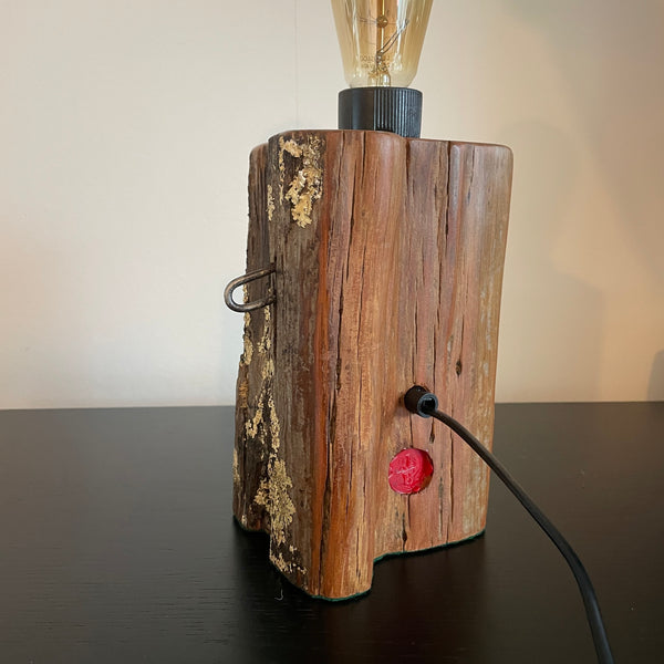 Lichen covered wood table lamp, with original staple and replica edison bulb, lit, polished back view by shades at grays.