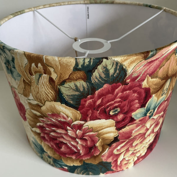 Medium drum ceiling lampshade in vintage floral fabric, handcrafted by shades at grays.