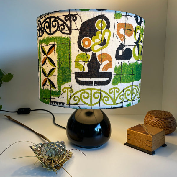 Medium drum lampshade in tiki vivid fabric by shades at grays, lit.