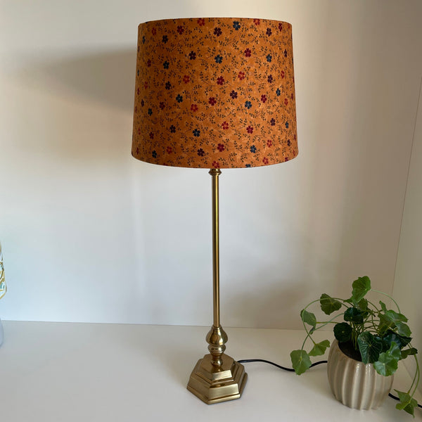 Antique gold table lamp base styled with a Cornflowers on Brown tapered shade, sold separately, 28 cm bottom diameter, 24 cm top diameter and 20 cm high