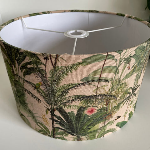 Medium barrel ceiling lamp shade with jungle palm fabric, hand made by Shades at Grays in New Zealand.
