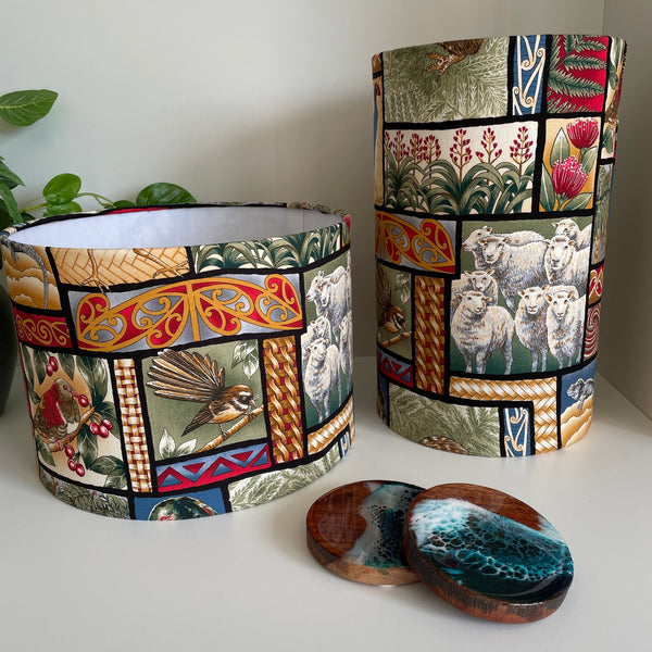 Medium drum and long moon drum handcrafted fabric lamp shade, made by Shades at Grays in NZ