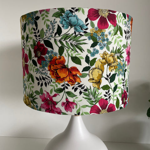 Medium drum bespoke lampshade with flower garden fabric, unlit by shades at grays nz