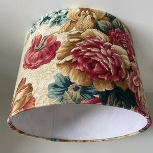 Medium drum ceiling lampshade in vintage floral fabric, handcrafted by shades at grays.