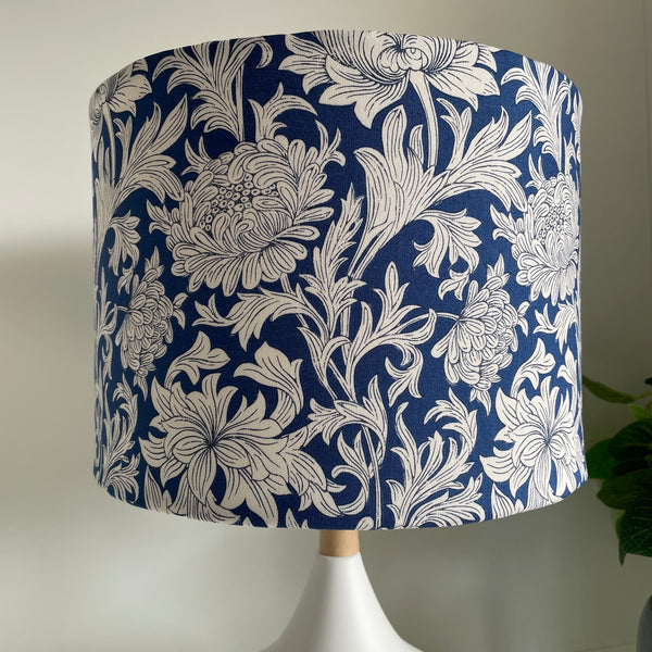 Medium drum lampshade with Morris Chrysanthemum Tonal Blue fabric, unlit, shades at grays nz.