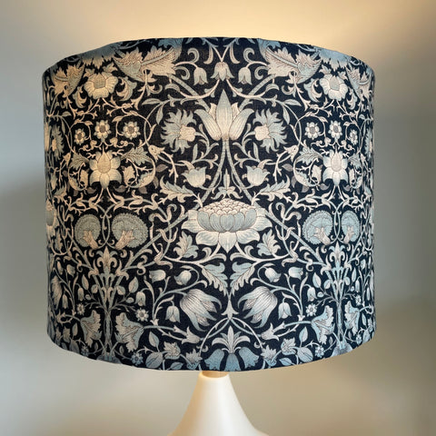 Medium drum light shade with William Morris Pure Lodden, Ink fabric, lit by shades at grays nz