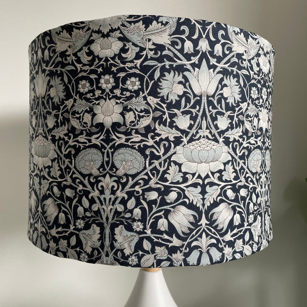 Medium drum light shade with William Morris Pure Lodden, Ink fabric, unlit by shades at grays nz