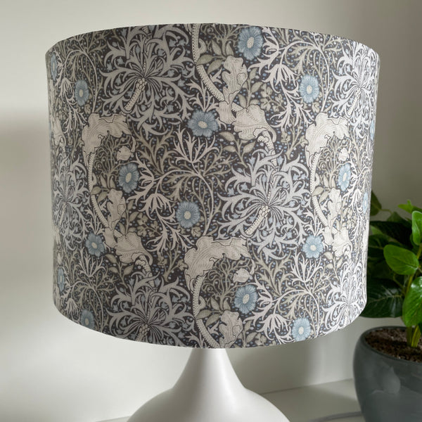 Medium drum style lampshade with Morris Pure Seaweed fabric on white base, unlit by shades at grays, nz.