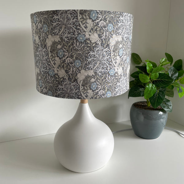 Medium drum style lampshade with Morris Pure Seaweed fabric on white touch base, unlit by shades at grays, nz.