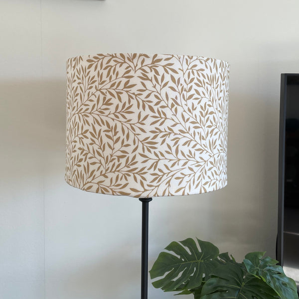 Medium drum style light shade with William Morris Lily Vellum Wandle fabric, unlit by shades at grays nz.