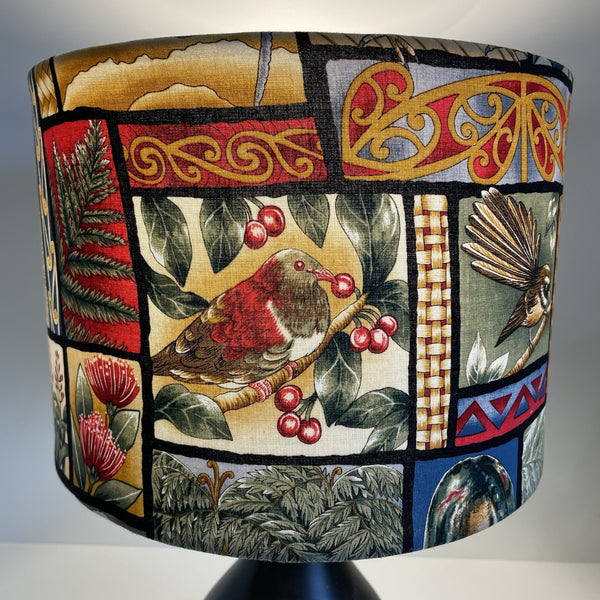 Medium drum with kiwiana nature fabric, kereru at front, lit.