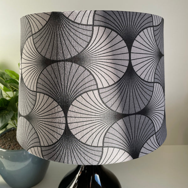 Close up, medium handcrafted fabric lampshade, by shades at grays