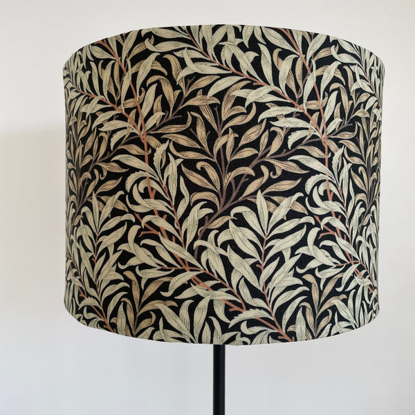 Medium size drum style lampshade with William Morris Willow Boughs black fabric, unlit, by shades at grays, nz.