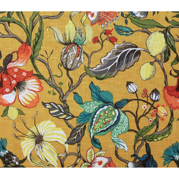 Mustard floral fabric swatch, linen base.