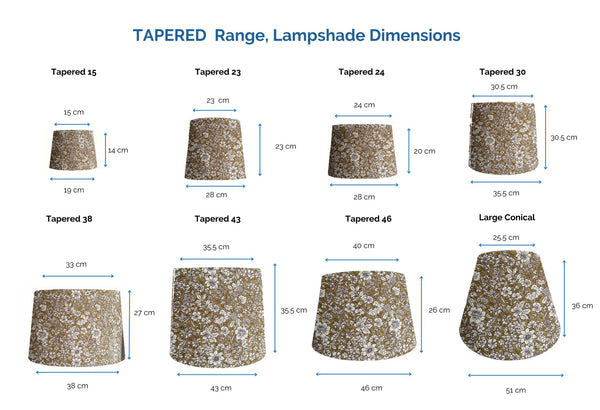 Range of 8 tapered light shade sizes, with dimensions