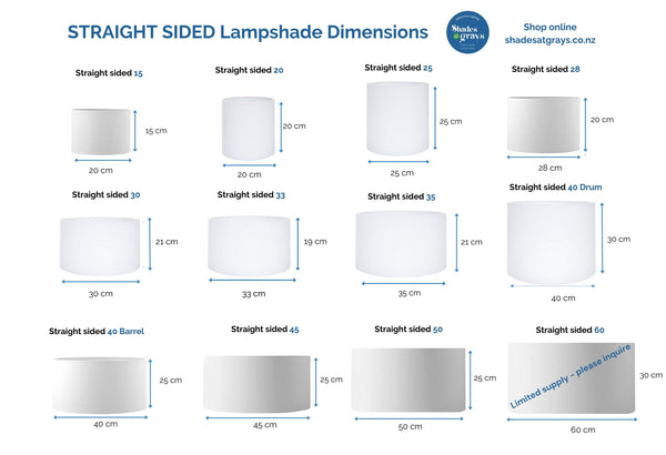 Lampshade dimensions for 12 sizes of drum and barrel style lampshades.