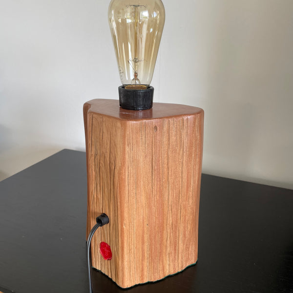 Original totara wood fence post table lamp, crafted by shades at grays, back view.