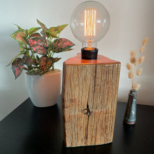 Wood table lamp handcrafted by shades at grays from reclaimed totara fence post, with old staple in postion, front view, lit.