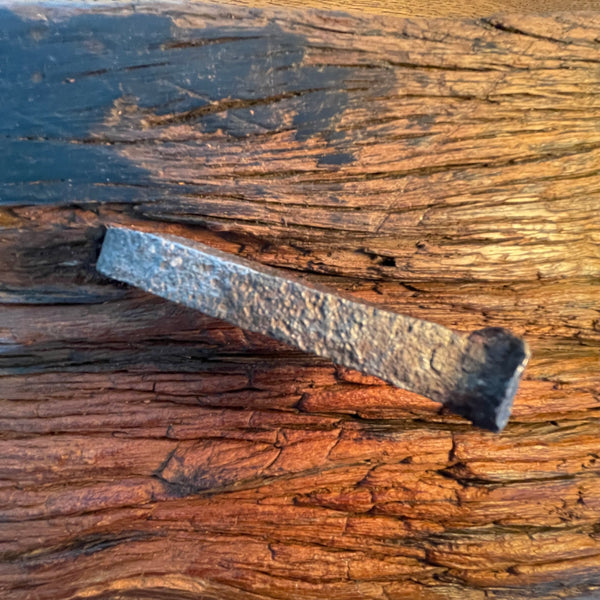 Original wharf timber table lamp handcrafted by shades at grays close up of  original nail.