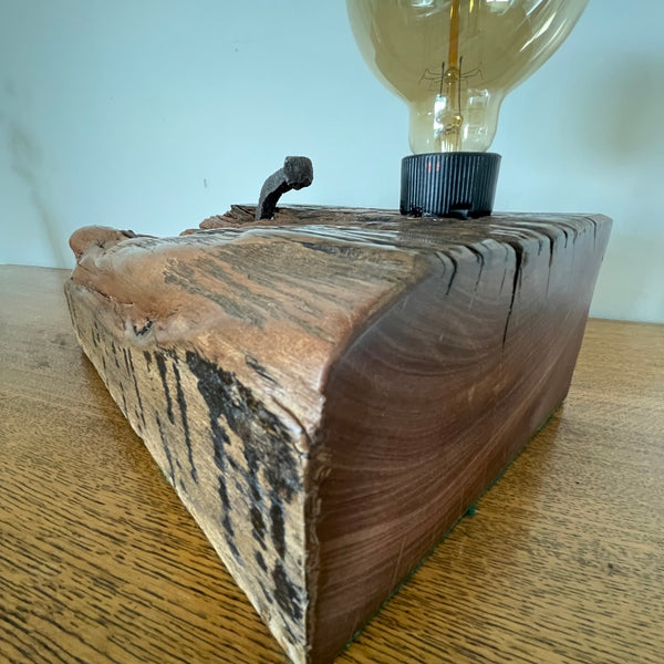 Original wharf timber table lamp handcrafted by shades at grays with edison bulb, unlit, front and side view.
