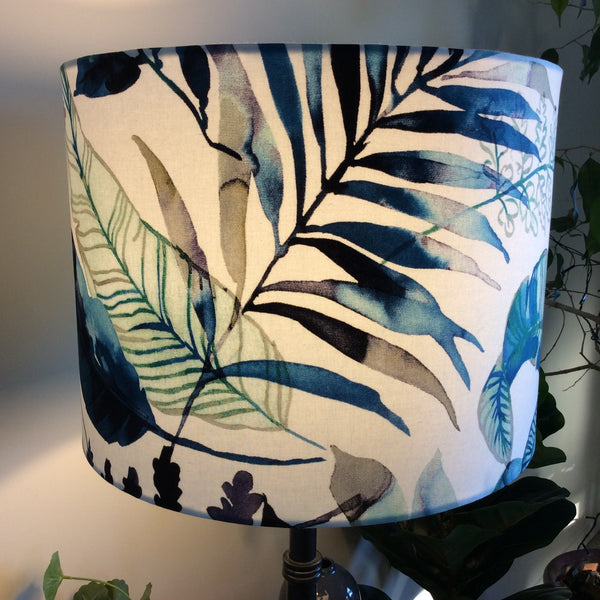 Palm frond on watermark palm pattern, fabric bespoke light shade, shades at grays, new zealand