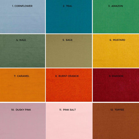 Grid of color swatches with names labeled from 1 to 12 for options to make bespoke lampshade by shades at grays