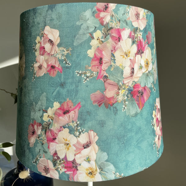 Blue skies fabric handcrafted lamp shade in sunshine.