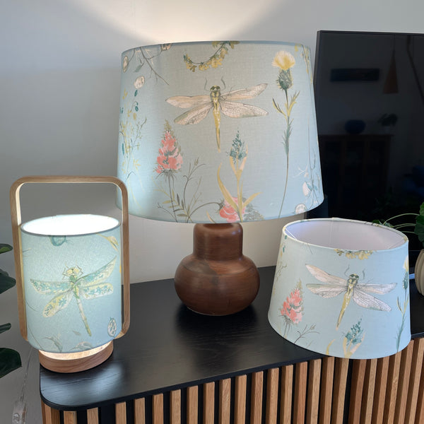 Range of shades using blue dragonfly fabric, handcrafted by shades at grays. 