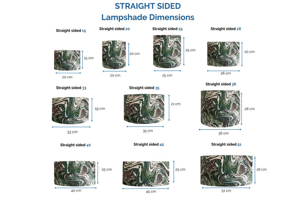 Range of different sized drum style light shades with dimensions in greywacke fabric.