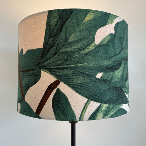 Drum style lampshade with bespoke fabric, lit, by shades at grays, nz.