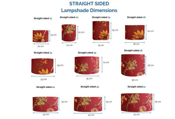Range of lampshade options, drum style with dimensions with golden harvest on red fabric, shades at grays, nz.