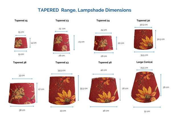 Range of lampshade options, tapered style with dimensions with golden harvest on red fabric, shades at grays, nz.
