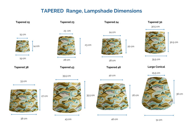 Range of light shade sizes, tapered style, with dimensions by shades at grays nz