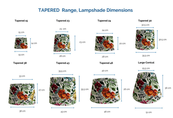 Range of tapered light shade sizes with dimensions made by shades at grays nz