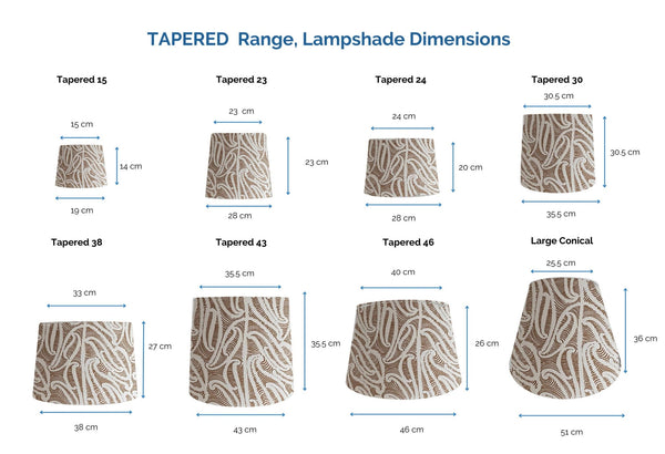 Range of tapered style light shades with dimensions and NZ designed fabric.