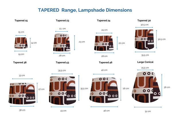 Range of tapered style light shades with dimensions and geometric harmony tan fabric.