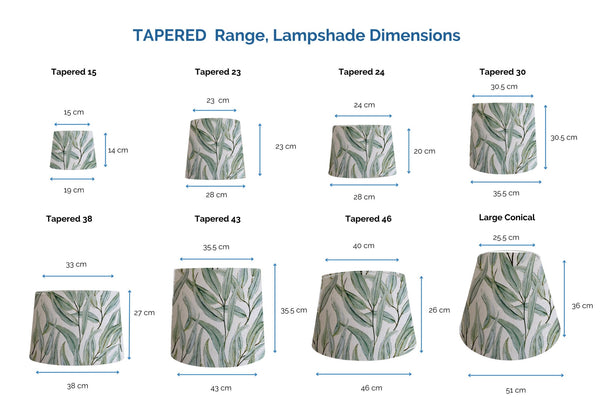 Range of tapered style light shades with dimensions in eucalyptus elegance fabric.