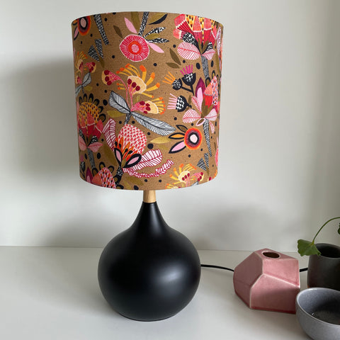 Ready-made special lampshade 25cm by 25cm on black stand by shades at grays