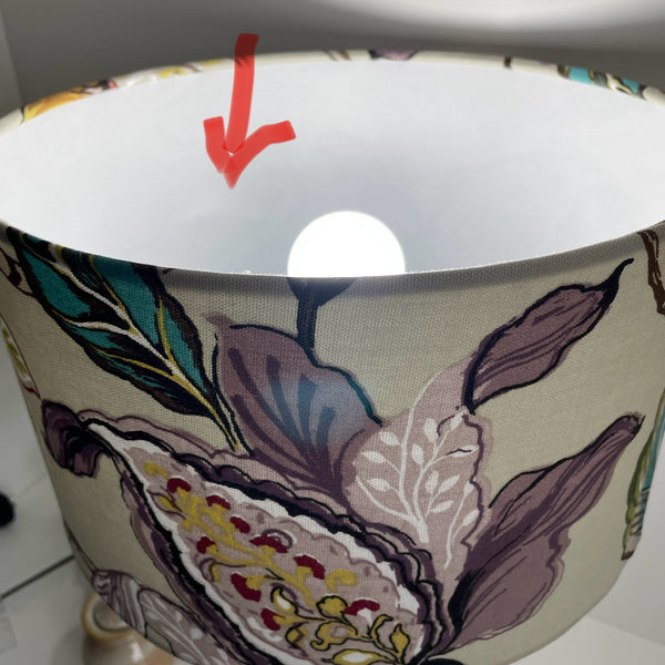 Ready made barrel lampshade on special because of damage to interior plastic, pointed out in red.