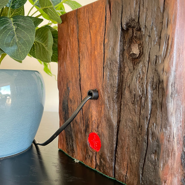 Deep red wood of table lamp handcrafted from 100 year old wharf timber by shades at grays, back view with tar mark and nail in view.