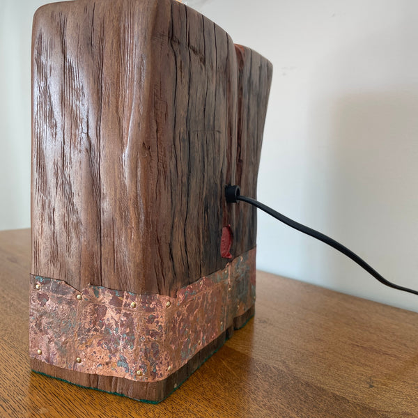 Reclaimed Wharf Timber & Copper Table Lamp, close up of copper on side and back of lamp.