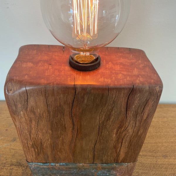 Reclaimed Wharf Timber & Copper Table Lamp, close up of top front and bulb.
