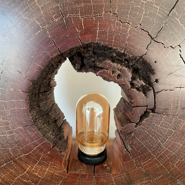 Reclaimed heritage lamp handcrafted from eroded jarrah telegraph pole, unlit, close up.