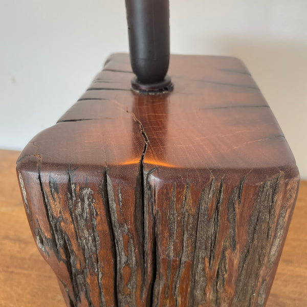 Reclaimed jarrah wharf timber wood table lamp, by shades at grays, close up of top and natural grains.