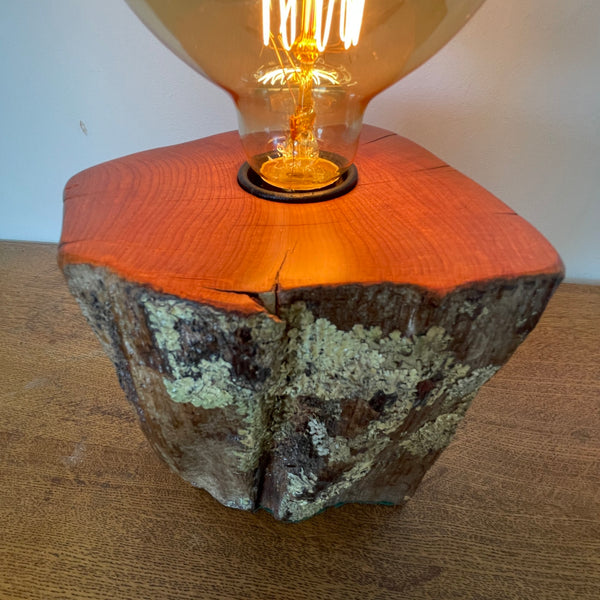 Reclaimed tōtara fence post wood table lamp, crafted by shades at grays, top and front view.